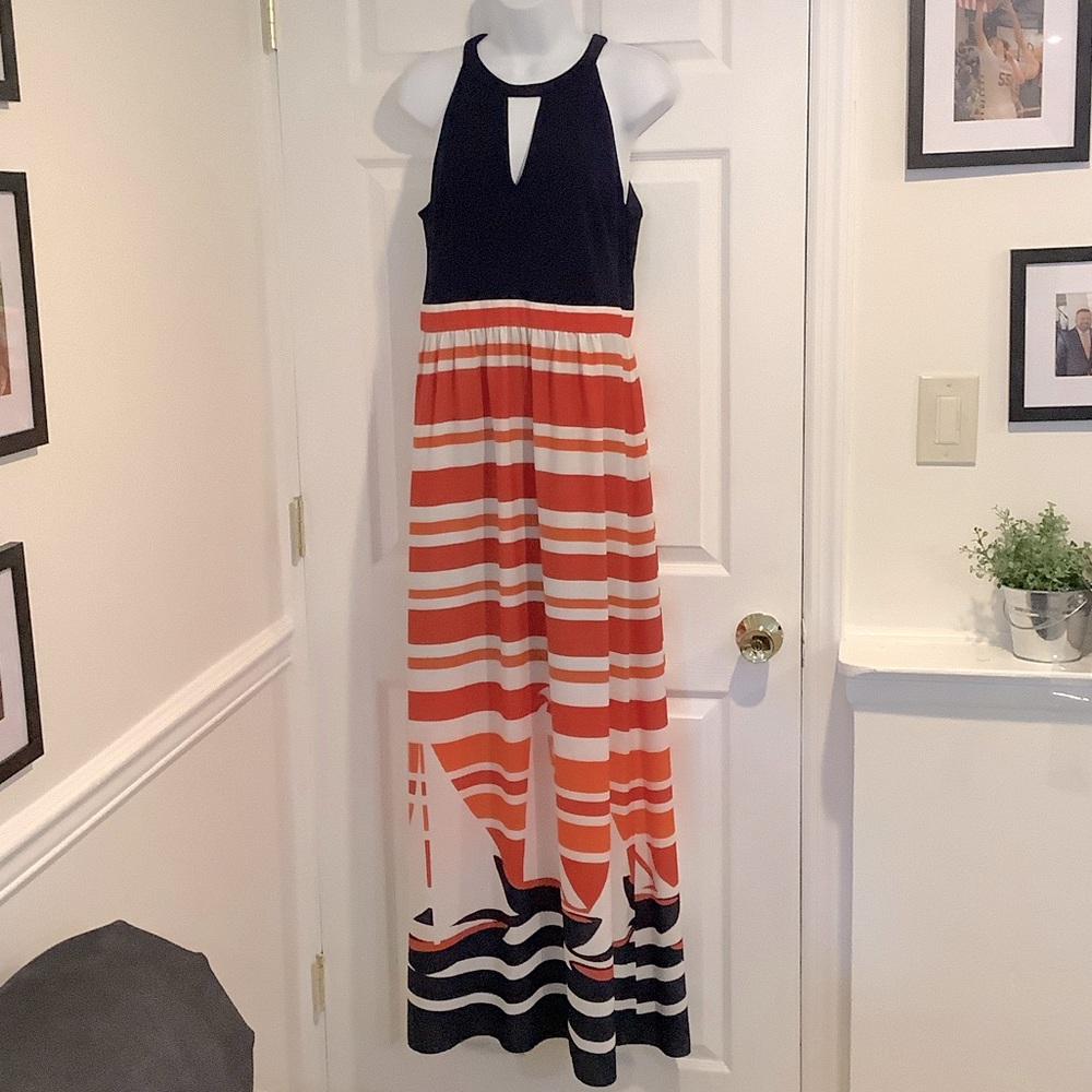 NWT KENSIE Red White Blue Nautical Coastal Wedding Guest Sailboat Maxi Dress 10